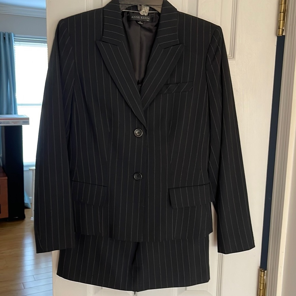 Anne Klein Blue pencil skirt suit, white pin stripe 2 button jacket
